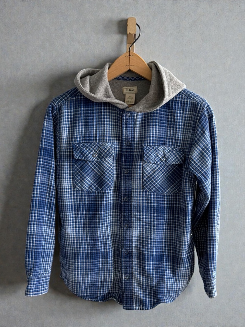 L.L. Bean Blue and Gray Plaid Hooded Flannel Shirt